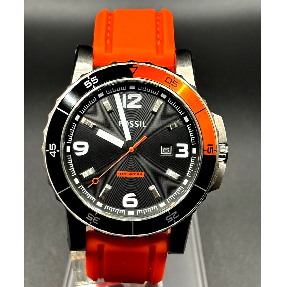 Fossil Sport AM4259 Dive Style Orange Silicone Strap Men’s Watch 46mm 10 ATM NIB